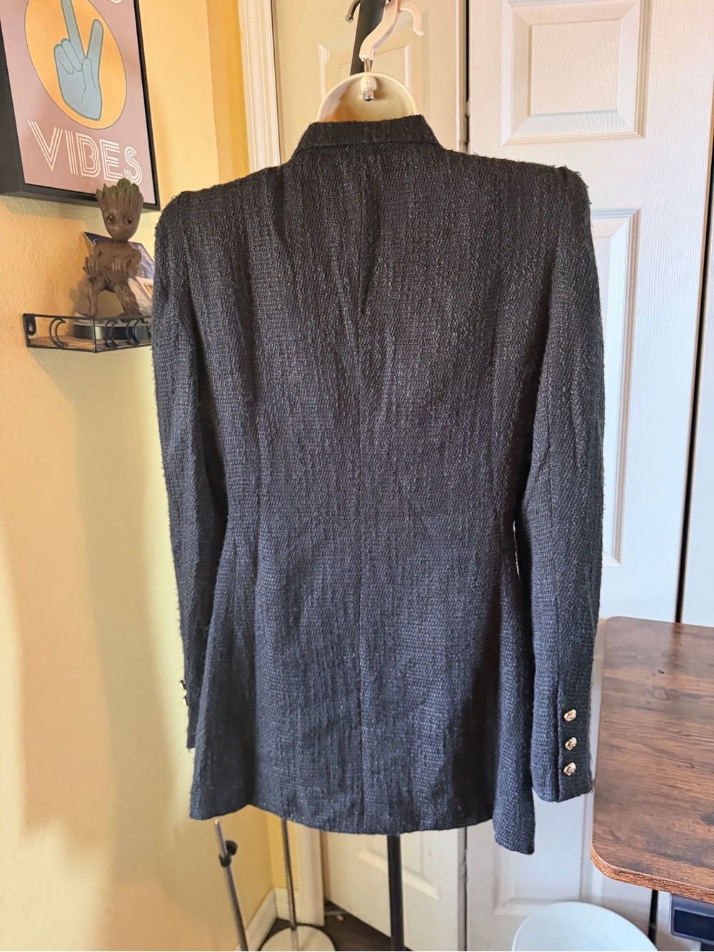 Bloomingdale's Area Stars Black Tweed Double-Breasted Blazer with Gold Buttons - Picture 4 of 12